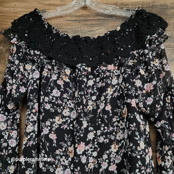 WHBM Floral Chiffon Ruffle Crochet Lace Top 1X Sheer Flutter Sleeve Ethereal - Picture 4 of 14